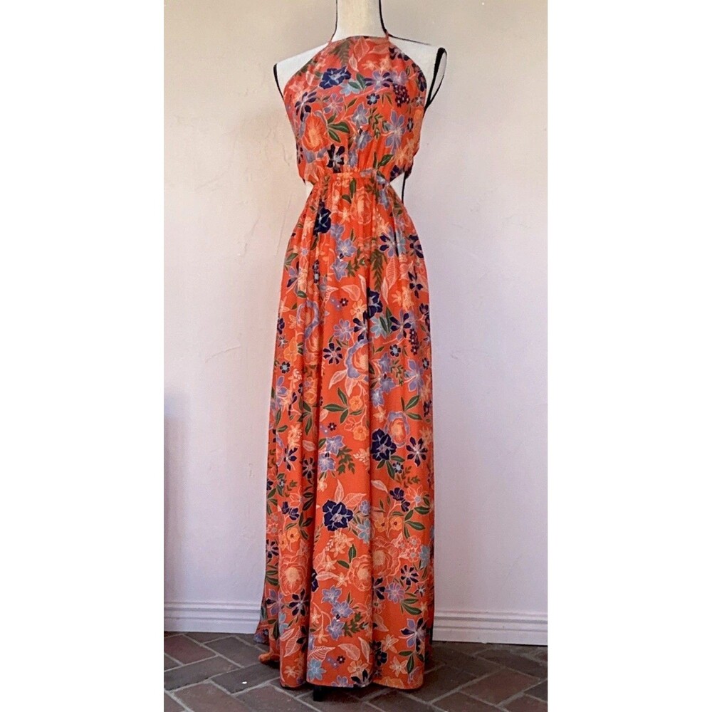 Pink Lily Orange Floral Halter Tie Back Maxi Dress Flowy Elastic Waist Sz M